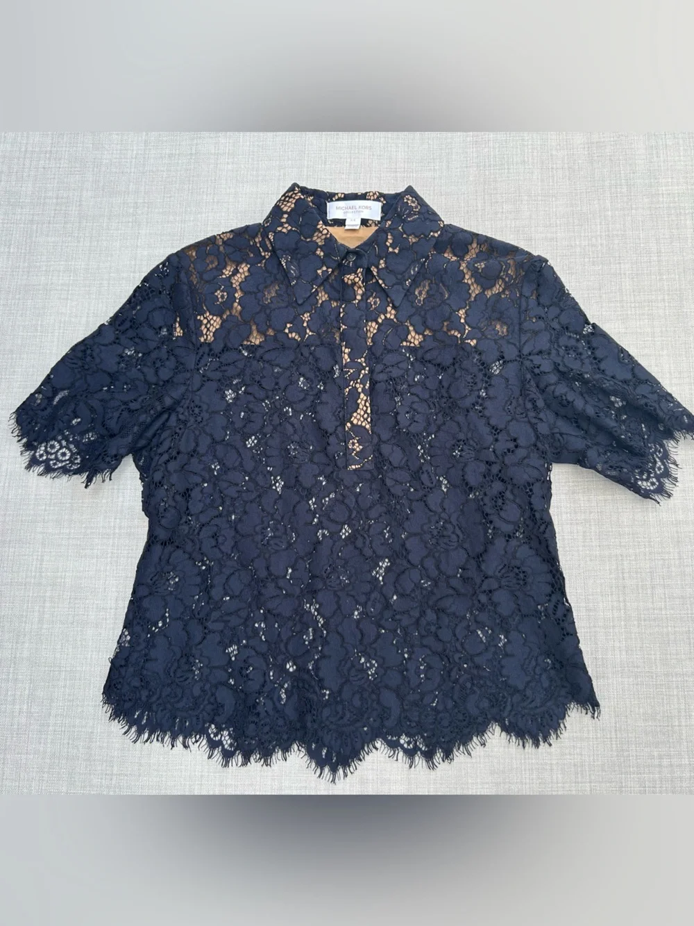 Michael Kors Collection Midnight Scalloped Lace Short Sleeve Shirt Top Blouse XS